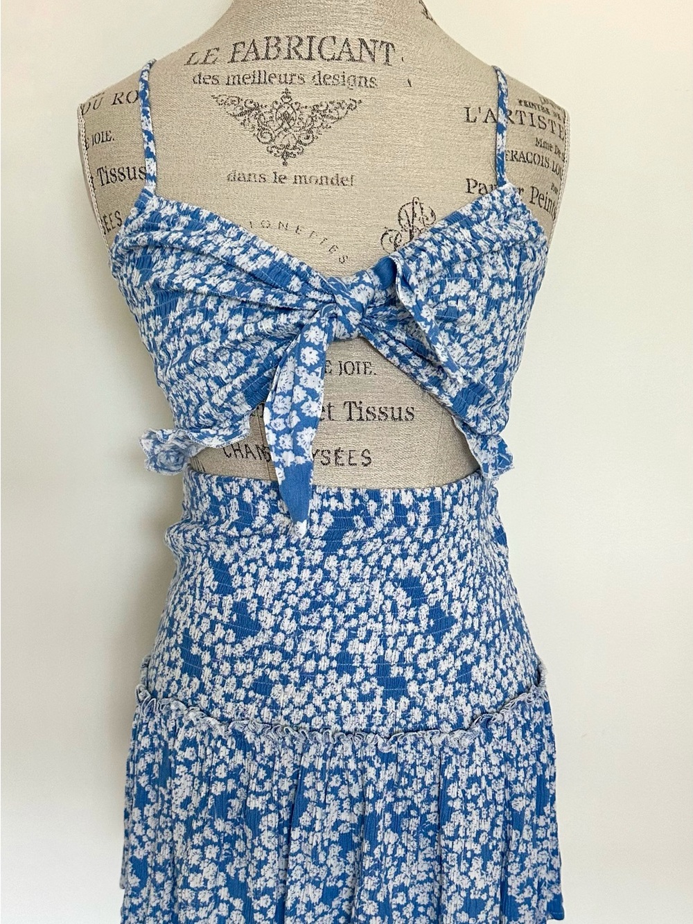 NWT MARBLE Blue and White Smocked Floral Maxi Skirt with Tie-Front Detail